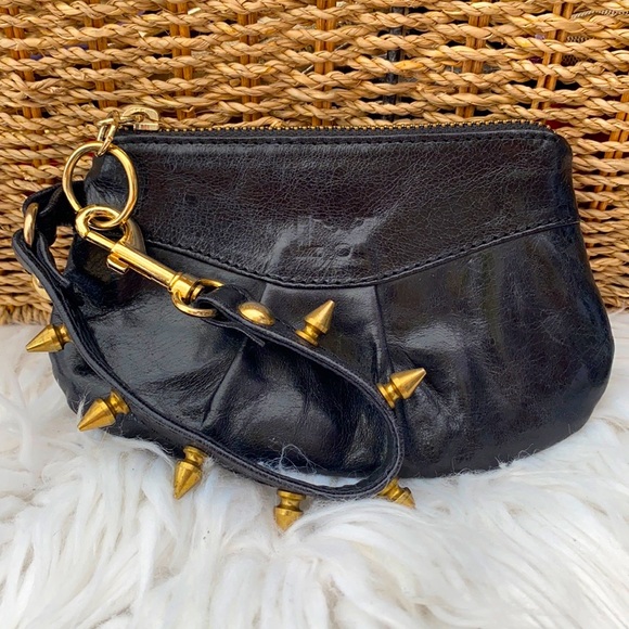 Black leather wristlet w/studded strap - Picture 2 of 12